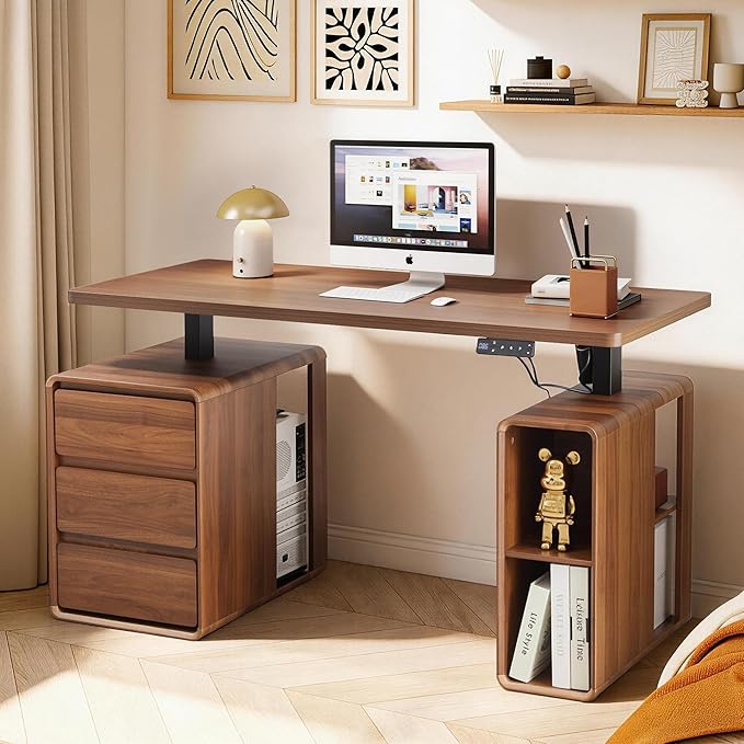 Electric Standing Desk with Drawers, 55" Office Desk Height Adjustable Executive Desk with Storage Shelves, Simple Setup Wood Desk Home Office Stand up Desk for Work, Study, Writing, Walnut