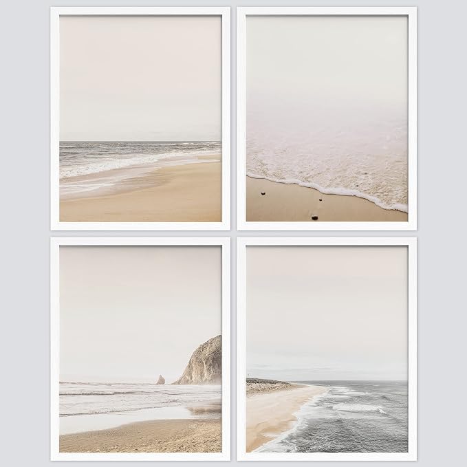 SIGNWIN Framed White Minimalist Ocean Beach Seashore Scenic Wall Art, Set of 4 Landscape Colorful Wall Decor Prints, Nature Wilderness Wall Décor for Living Room, Bedroom - 11"x14" White