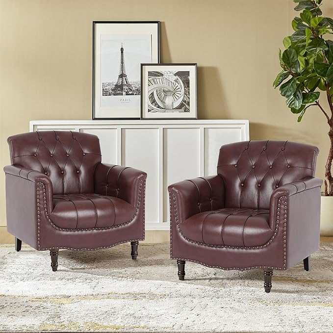 Pia Ricco Modern Tufted Accent Chair, Single Faux Leather Armchair with Nailhead Trim & Wood Legs, Comfortable Upholstered Seat for Living Room, Office - Wine Red