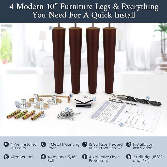 Premium Walnut Wood Furniture Legs (Full Install Kit) - Pick Your Size and Color