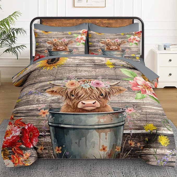 WeCozy 5 Pcs Twin Size Comforter Set with Pillowcase & Sham, Highland Cow Flower Bedding for Kids and Adults, Happy Cute Cartoon Bed in a Bag with Flat Fitted Sheet