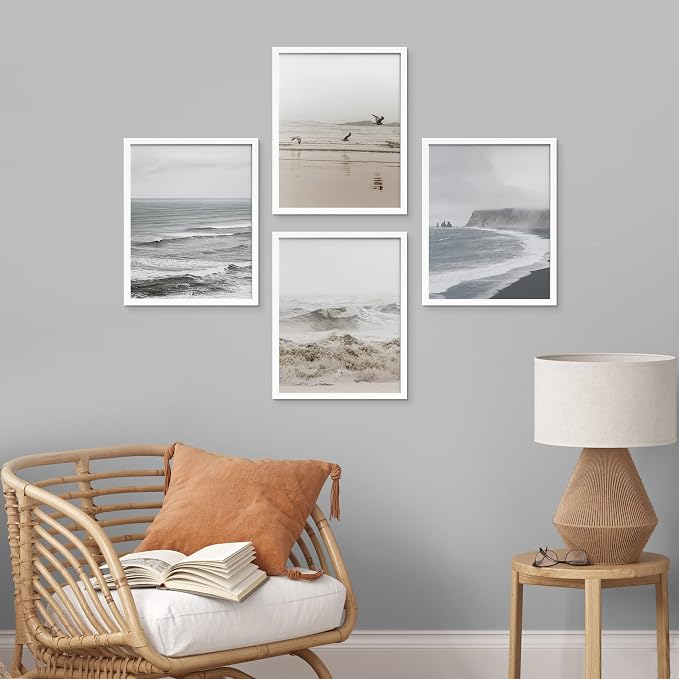 SIGNWIN Framed White Minimal Ocean Beach Seashore Coastals Wall Art, Set of 4 Landscape Colorful Wall Decor Prints, Nature Wilderness Wall Décor for Living Room, Bedroom - 12"x16" White