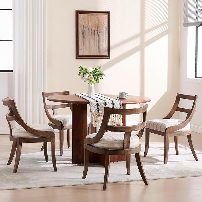 Modern Farmhouse Dining Chairs Set of 4 Mid Century Upholstered Dining Chair with Wooden Curved Back Kitchen Chairs for Dining Room Restaurant Cafe, Brown Walnut Colored-Linen Khaki Stripe