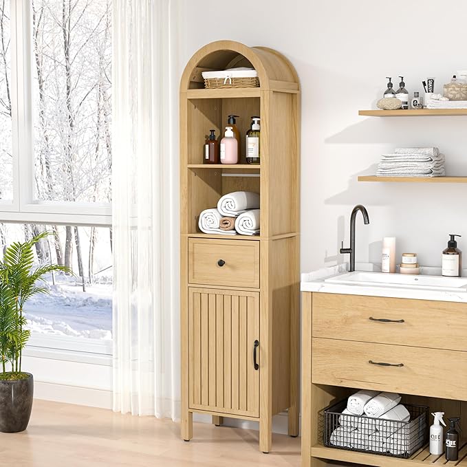 64" Tall Bathroom Storage Cabinet with Adjustable Shelves,Tall Narrow Arched Freestanding Tower Cabinet with Fluted Doors and Drawers,Space Saving Organizer for Bathroom Living Room (Oak)