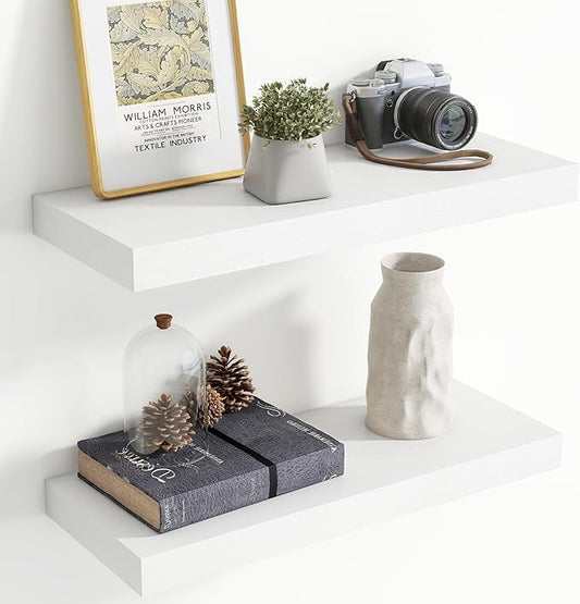 24 Inch Floating Shelves for Wall, 8 Inch Deep Floating Shelf for Storage & Display, Rustic Wall Mounted Shelf with Invisible Brackets for Living Room, Kitchen, Bathroom, Home Decor, Set of 2, White