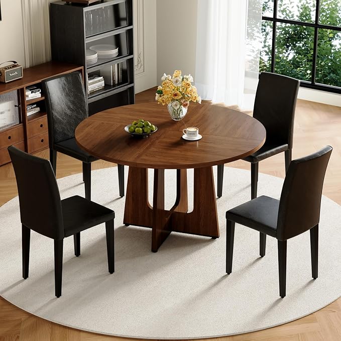 47" Round Dining Table Set for 4, Walnut Wood Grain Table and 4 Black PU Leather Upholstered Chairs Set, Mid Century Modern Kitchen Table Set with Cross Legs