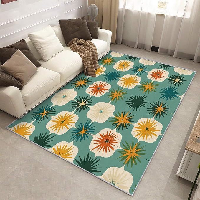 Mid Century Modern Rugs for Living Room Decor, 5x8 ft, Retro Geometric Flower Area Rugs for Bedroom, Soft Non Slip Washable 70s MCM Atomic Carpet Home Decorations D-g48