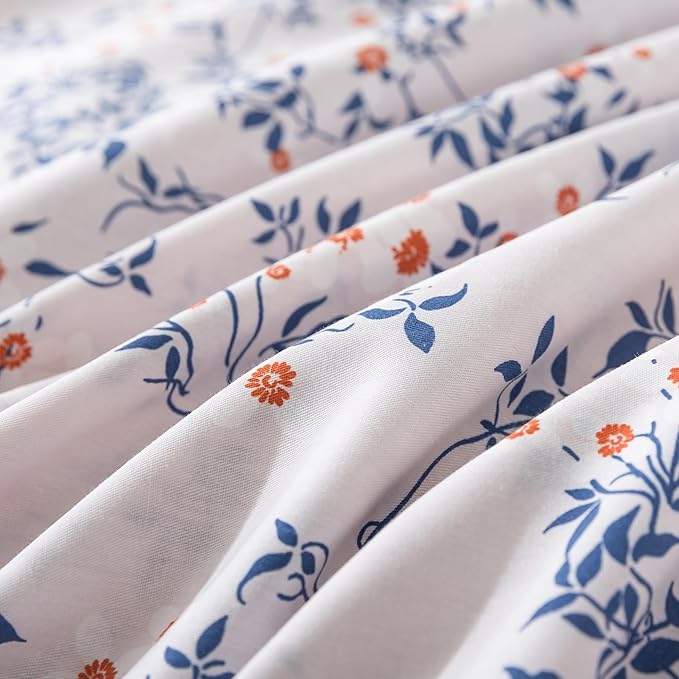 HoneiLife Cotton Duvet Cover Queen - Floral Comforter Cover 3-PC, Soft & Breathable Flower Bedding Duvet Cover Sets with Zipper Closure & Corner Ties, Wildflower Comforter Cover Sets, Blue Leaves