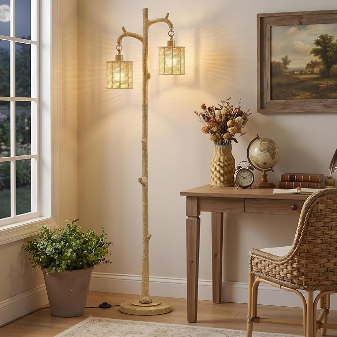 EJIAXIN Floor Lamp for Living Room - 69" Farmhouse Tree Trunk Standing Lamps - Country Resin Tall Lamp with 2 Rattan Lampshade - Rustic Floor Lamp for Bedroom Office Home Decor