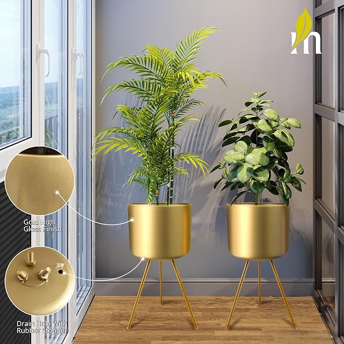 Mid-Century Metal Flowerpot with Stands, Stylish Modern Floor-Standing Flowerpot,Suitable for Orchid, Aloe Indoor Outdoor Decoration 10'' Wide 20'' high (Large, Gold)
