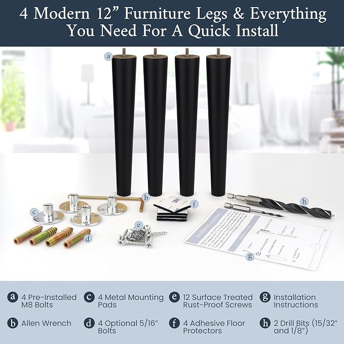 Airy Abode Premium Black Wood Furniture Legs (Full Install Kit) - Pick Your Size and Color