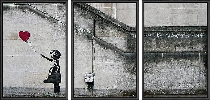 wall26 - 3 Piece Framed Canvas Wall Art - There is Always Hope - Girl and Red Heart Balloon - Street Art - Guerilla - Modern Home Art Stretched and Framed Ready to Hang - 16"x24"x3 Black