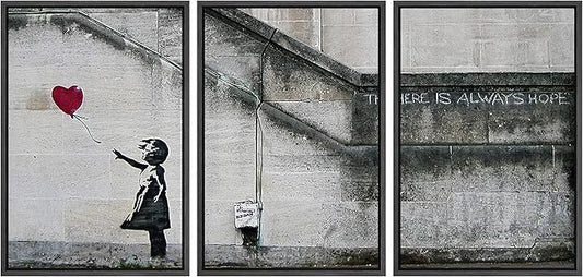 wall26 - 3 Piece Framed Canvas Wall Art - There is Always Hope - Girl and Red Heart Balloon - Street Art - Guerilla - Modern Home Art Stretched and Framed Ready to Hang - 16"x24"x3 Black