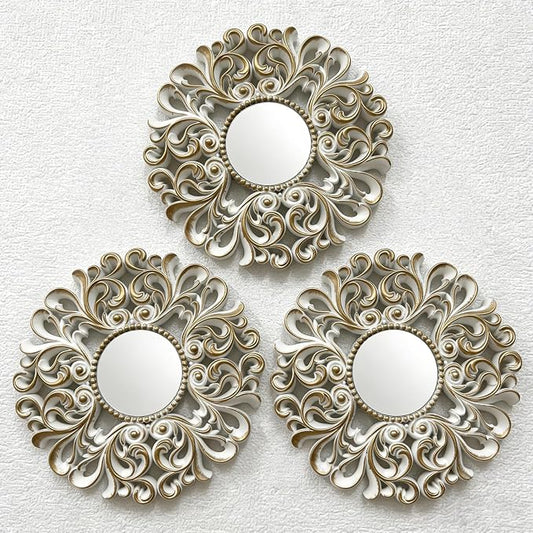DXYAKY 3 Pack Floral Ornate Decorative Wall Mirror - Elegant White with Gold Accents, 9.8" Plastic Round Mirror Set, Lightweight Wall Art Décor for Bedroom, Bathroom, Living Room & Entryway
