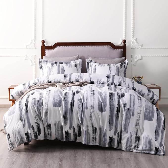 NTBAY 2 Pieces Duvet Cover Set Twin Size for Kids, Reversible Zipper Comforter Cover with 4 Corner Ties and 1 Pillow Sham, Soft Brushed Microfiber Comforter Cover Set with Black and White Ink Printed