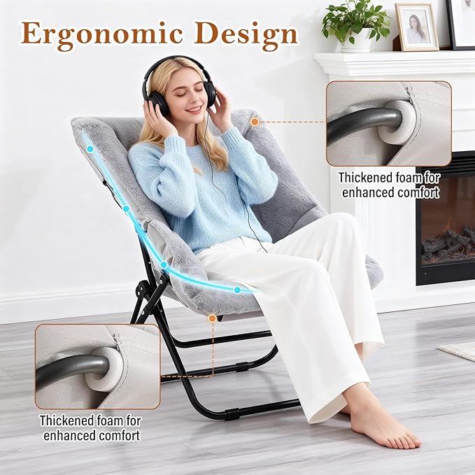 Furlide Comfy Dorm Chair - Oversized Folding Saucer Chair with Soft Faux Fur, Metal Frame, for Bedroom, Living Room, Balcony, Patio, Study, Playroom (Grey)