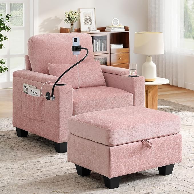 Small Chaise Lounge Chair Indoor with Ottoman&Adjustable Backrest,Chenille Tufted Recliner Comfy Sofa Chair with USB,Phone Holder&Storage Arms,Convertible Sleeper Couch Bed for Living Room(37"W,Pink)