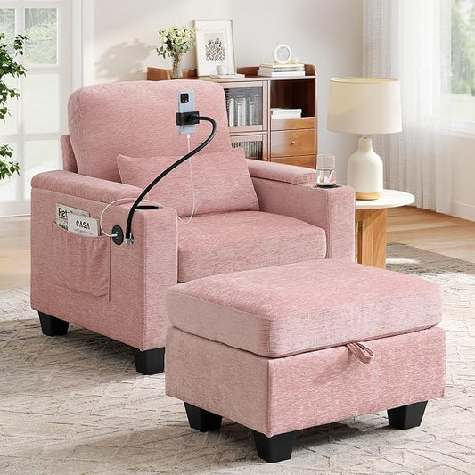 Small Chaise Lounge Chair Indoor with Ottoman&Adjustable Backrest,Chenille Tufted Recliner Comfy Sofa Chair with USB,Phone Holder&Storage Arms,Convertible Sleeper Couch Bed for Living Room(37"W,Pink)