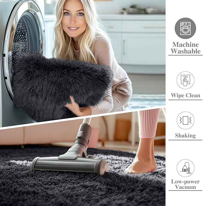 OLANLY 7x10 Machine Washable Large Area Rugs for Living Room, Bedroom, Soft Fluffy Shaggy Bedside Rug, Indoor Floor Carpet for Kids Girls and Boys, Dorms, Nursery, Home Decor Aesthetic, Black