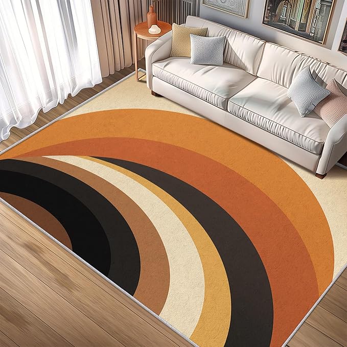 Retro Arch Rugs for Bedroom - Washable Mid Century Modern Rugs for Living Room - 5x8 ft - Abstract MCM Design Area Rug & Home Decor - 70s Minimalist Indoor Carpet with Non Slip Backing