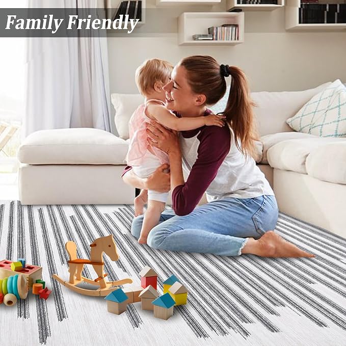 Washable 10x13 Modern Abstract Area Rug for Living Room Low Pile Soft Bedroom Rugs Non Slip Abstract Lines Large Carpet Thin Foldable Modern Indoor Carpet for Playroom Open Living Room, Beige Grey