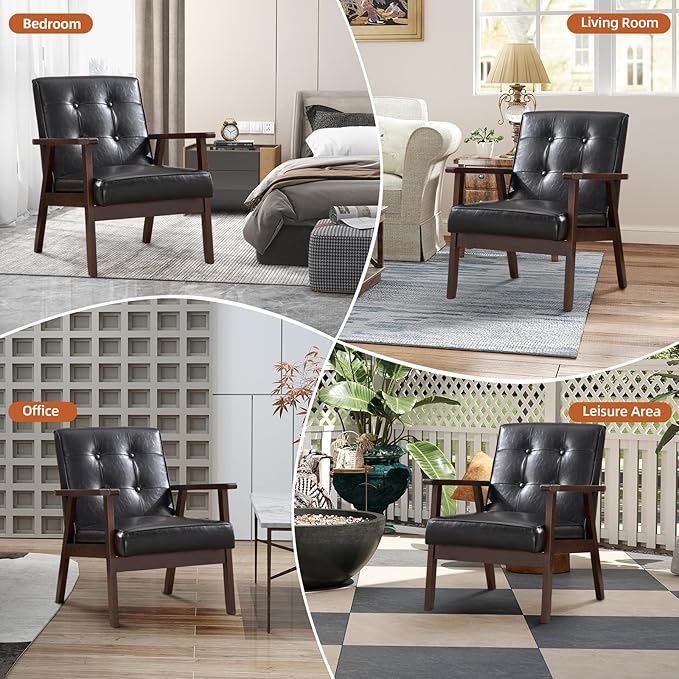 IOMOR Accent Chair Mid Century Modern Chair for Living Room, Comfy Faux Leather Armchair with Solid Wood Frame Soft Thick Padded, Side Chairs Easy Assembly Set of 2, Black