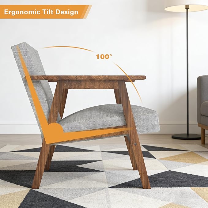 Mid Century Modern Armchair, Upholstered Fabric Lounge Chair with Walnut Finish Frame for Living Room, Comfortable Sofa Chair in Gray