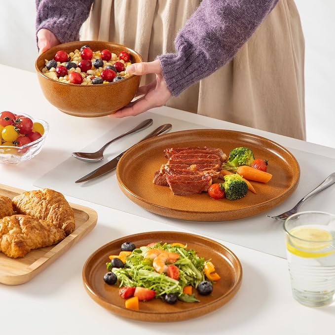 vancasso Plates and Bowls Sets, 24 Pieces Stoneware Dinnerware Set for 8, Ceramic Dish Set for Kitchen, Microwave and Dishwasher Safe, Caramel Yellow, Series ZERMATT