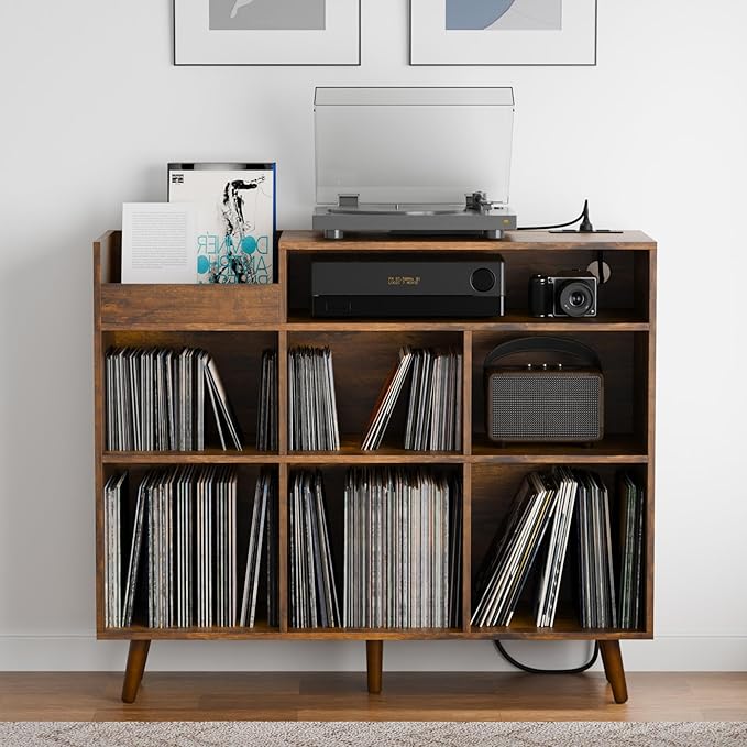 Cozy Castle Large Record Player Stand with Vinyl Storage Cabinet, Wood Turntable Table Open Shelf Holder Up to 500 Albums Cube Storage Organizer for Living Room, Office, Rustic Brown