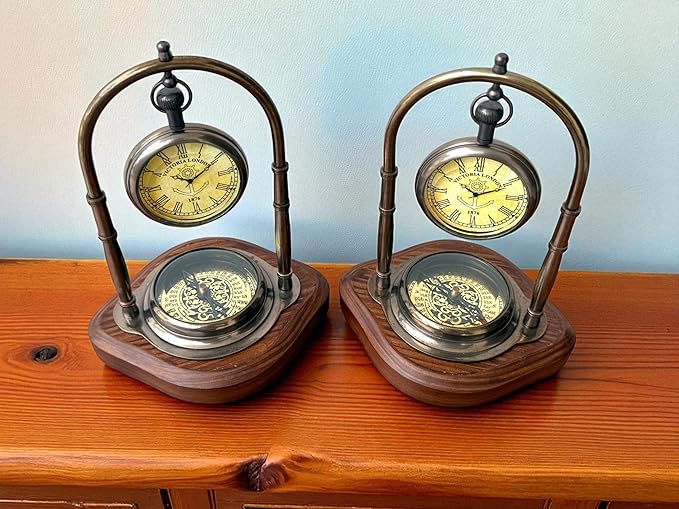 Personalized Victorian Brass Desk Clock with Integrated Working Compass - Vintage Tabletop Nautical Timepiece for Home/Office Decor, Engraved Bronze Luxury Office Decor
