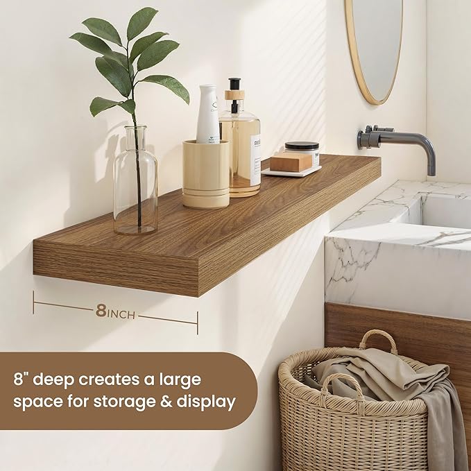 Dreamland 48 Inches Floating Shelves for Wall, 8" Deep Long Floating Shelves Set of 1, Large Display & Storage Shelf, Wall Shelf for Bathroom Bedroom Living Room Kitchen Office, Walnut