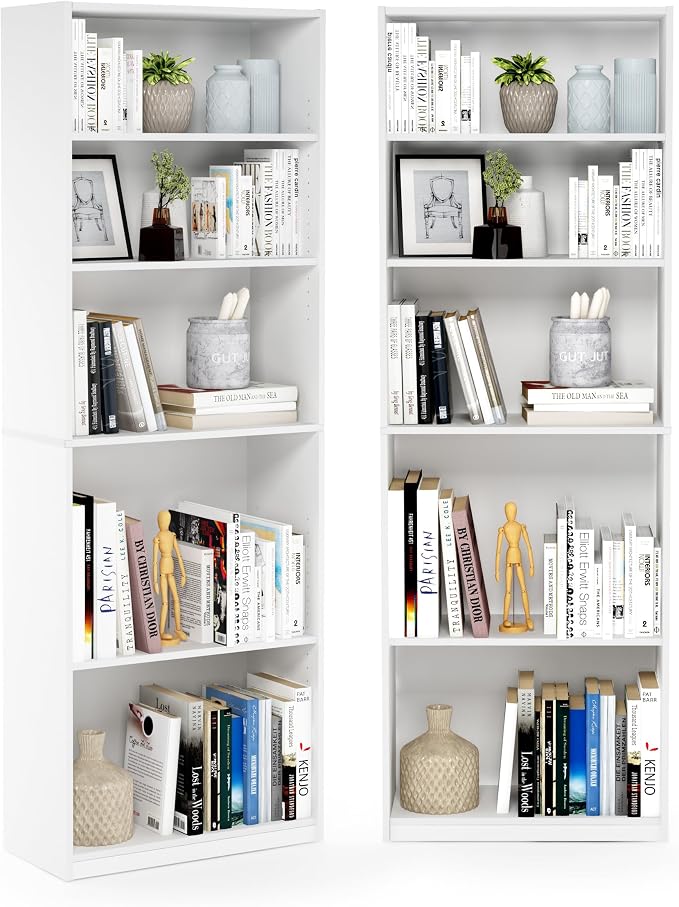 Furinno Jaya Book Shelf Set of 2, 5-Tier Bookshelf, Bookcase, with Adjustable Shelf, 9.5 x 24.5 x 71, for Home Office, Living Room, White