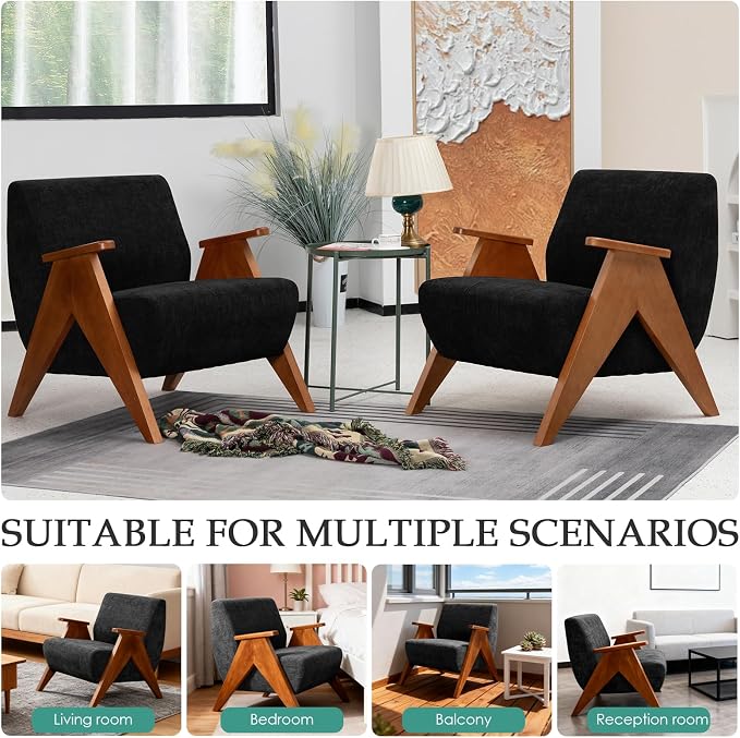 Home Accent Chair Mid Century Modern Accent Chair with Wood Frame, Lounge Upholstered Armchair, Reading Chair, Sturdy Base,For Living Room, Bedroom,Office,Comfy Guest Waiting Room Chairs,Black