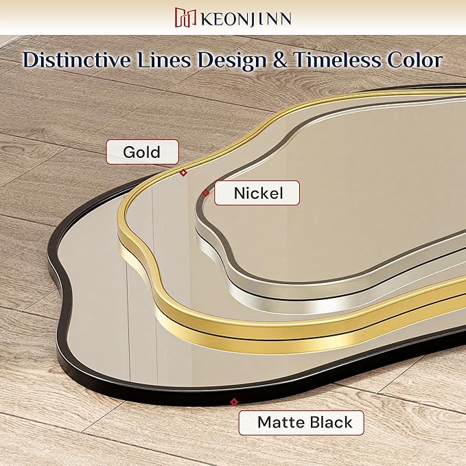 Keonjinn Gold 40" x 24" Inch Irregular Mirrors for Wall, Asymmetrical Wave Metal Frame, Tempered Glass, Decorative Mirror for Bathroom, Bedroom, Living Room, Entryway(Horizontal/Vertical)