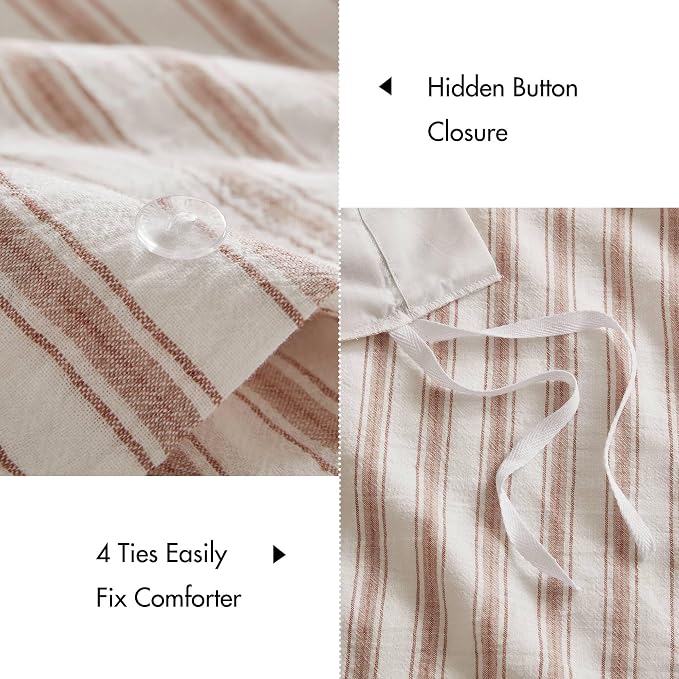 Madison Park Duvet Cover Set for Hot Sleepers - Linen Cotton Rayon Blend, King Size 3 Piece Set with Shams - Lightweight & Breathable Bedding, Terracotta Striped Design