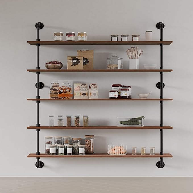 HDDFER Floating Shelves for Wall Bookshelf Industrial Pipe Shelving Shelves 48 Inch 5 Tier Natural Wood Planks Rustic Wall Shelves Hanging Bookshelves Farmhouse Kitchen Shelving