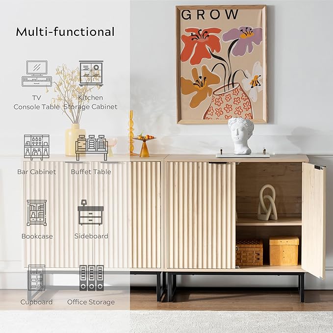 Fluted Storage Cabinet Sideboard Buffet Cabinet, Modern Accent Cabinets with Adjustable Shelves, Wooden Credenza, Console Table Entryway Cabinets for Living Dining Room, Light Oak