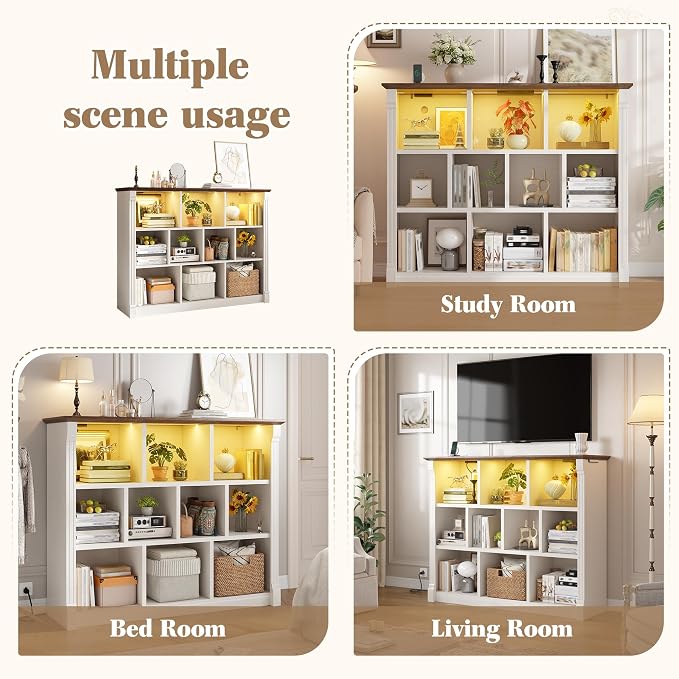 EnHomee 10 Cube Storage Organizer, Bookshelf with LED Light and Charging Station, 3 Tier Display Shelf,Stprage Bookcase for Living Room, Home Office, Warm White
