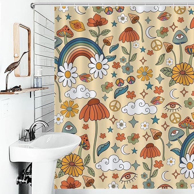 70s Mushroom Shower Curtain, Retro Groovy Hippie Funky Boho Rustic Cute Vintage Colorful Botanical Plants Pattern Orange Waterproof Fabric Bathroom Shower Curtain Set with Hooks, 72"x84" Inch
