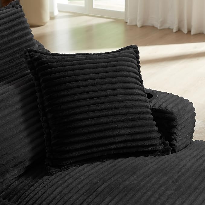 67" Oversized Chaise Lounge Chair Indoor, Boneless Cloud Couch with 3 Pillows, 2 Side Pockets and 2 Cup Holders, Corduroy Sleeper Sofa for Living Room Bedroom Reading Nook - Black | Breathable material