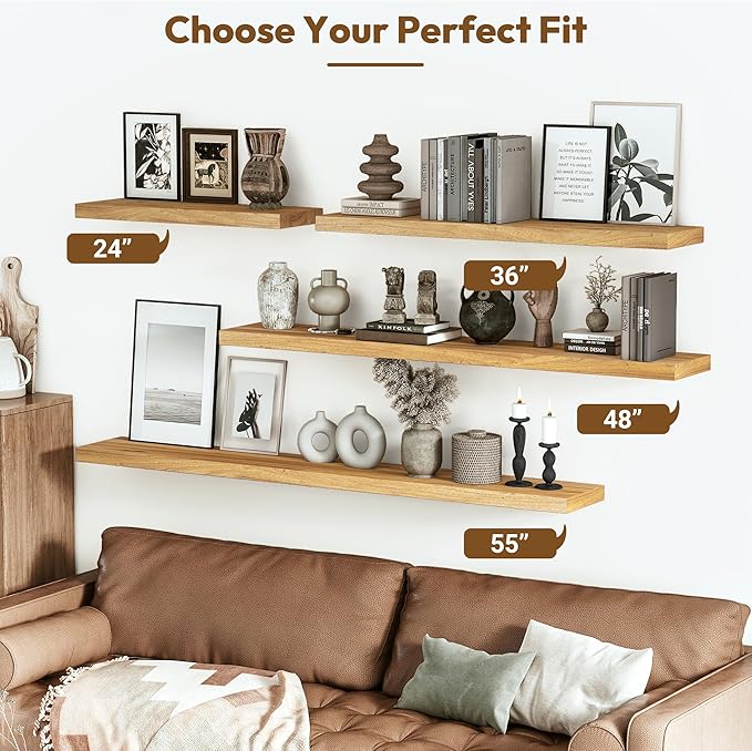 Vivelove Solid Wood Floating Shelves Set of 2, Elm Wood Wall Shelf with Invisible Bracket for Living Room Bedroom Bathroom Office, Rustic Farmhouse Display Shelf, 36 inch - Natural