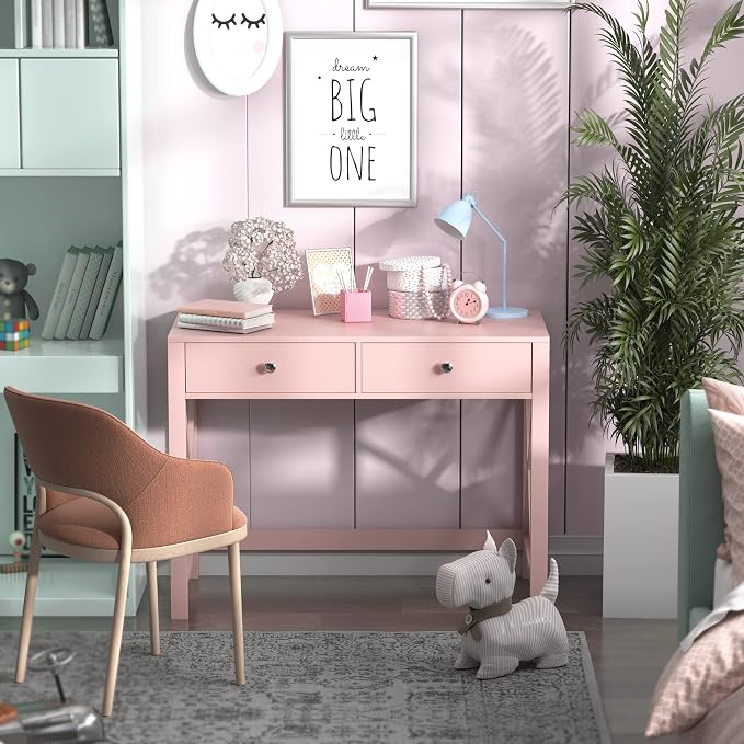 WiberWi Home Office Desk with Drawers, Modern Writing Computer Desk for Bedroom, Small Makeup Vanity Table Study Table for Home Office,Pink