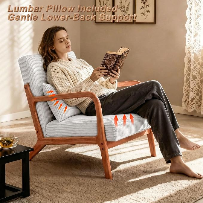 Mid Century Modern Accent Chair with Solid Rubberwood Frame, Comfy Corduroy Reading Armchair with Lumbar Pillow, Compact Lounge Chair for Bedroom, Living Room & Small Spaces, Ivory Cream