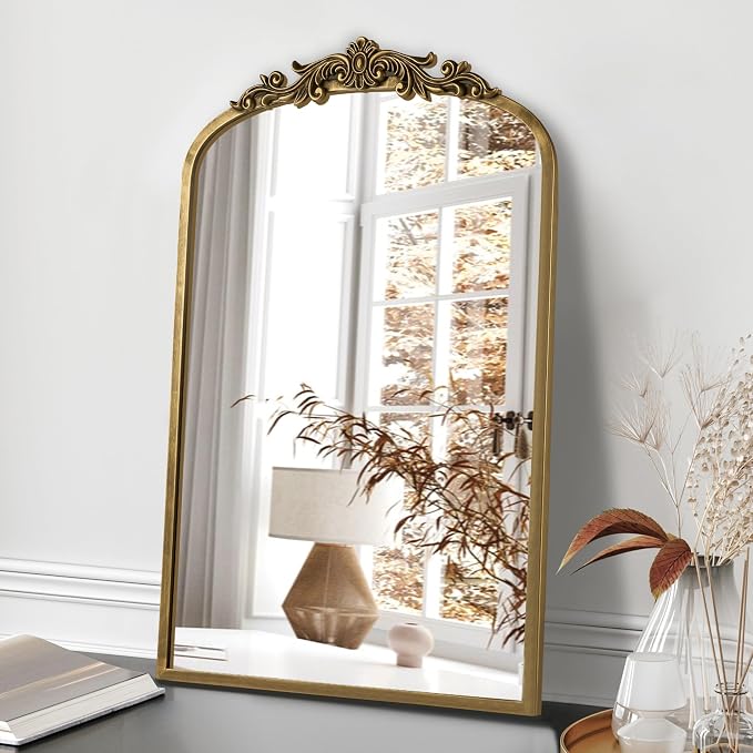 PERFNIQUE Vintage Mirror, 30" X 19" Arched Antique Baroque Mirror, Gold Traditional Wall Decor, Ornate Decor Anthro Look Alike Decor for Bathroom Living Room Fireplace Entryway Mantle Hallway