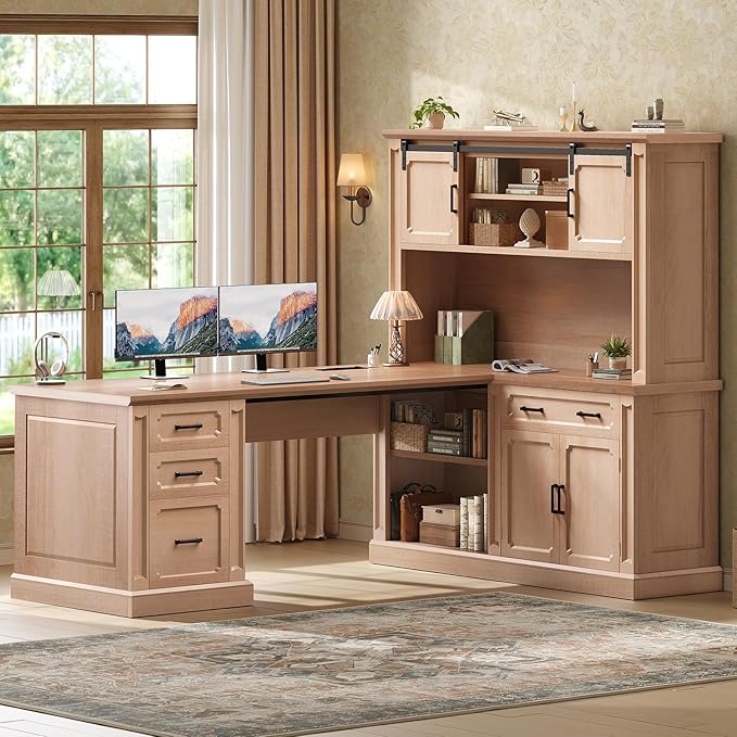 SEDETA 67" Farmhouse Desk with Hutch, L Shaped Office Desk with 4 Drawers & Storage Cabinet, Executive Corner Computer Desk with Sliding Doors, File Drawer & Power Outlet for Home Office, Oak