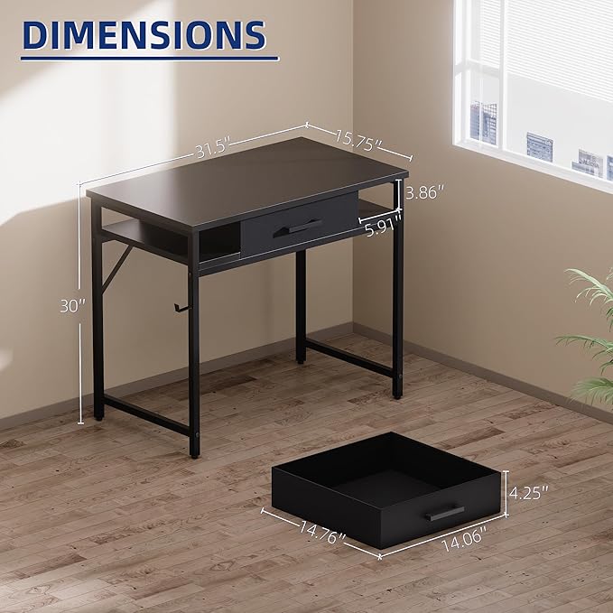 Pamray 32 Inch Small Computer Desk with Drawer and Shelves Simple Study Work Table for Bedroom Black