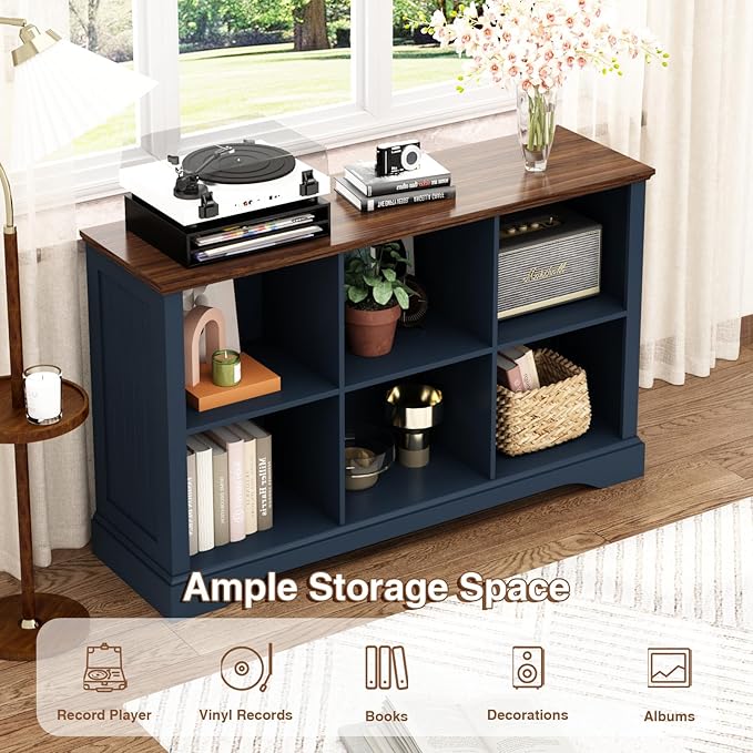 6 Cube Storage Organizer - 47.4" Farmhouse Wood Low Bookshelf, 3 Tier Horizontal Open Shelf Bookcase Cubby Storage Console Cabinet for Living Room, Entryway, Office, Navy Blue