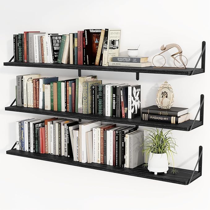 Heimlove Floating Book Shelves for Wall,47.2 Inches Long Wall Mounted Bookshelves,Heavy Duty Bracket Shelves for Living Room Kitchen,Laundry Room Storage & Decor,Set of 3,Black