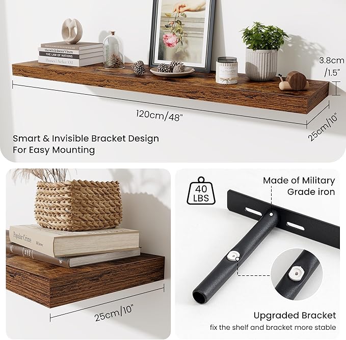 48 Inch Floating Shelves for Wall - 10 Inch Deep Fireplace Mantel Shelf - Wood Floating Shelves for Wall - Large Storage Shelves Wall Mount for Living Room & Bedroom - Rustic Brown - Set of 1