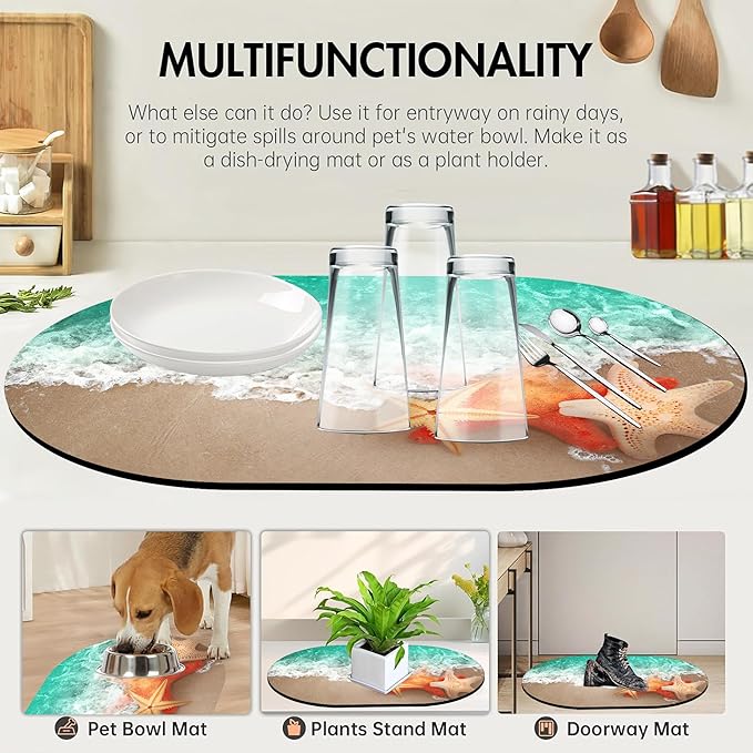 Summer Beach Oval Bath Mat Starfish and Seashell Diatomaceous Mud Mats with Rubber Backing Ultra Soft Washable 23.6"×15.7" Quick Dry Thin Bath Rugs for Bathroom Floor Bathtub Vanity Easy Care